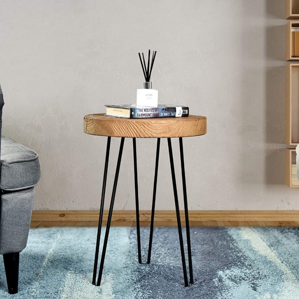 Rustic Old Elm Wood Round End Table With 3-Leg Metal Stand